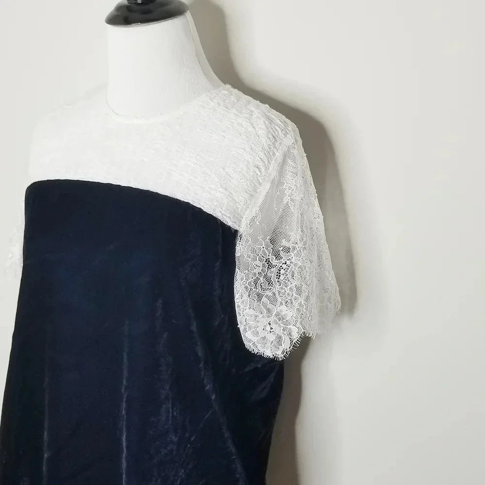 New Sandro Blue Velvet White Lace Short Sleeve Top M